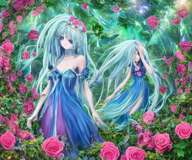 Image similar to 3 d anime magical goddess with long blue hair in a dress made of ivy and roses in a mythical forest, aurora borealis, roger magrini, leticia gillett, skeeva, nika maisuradze, billelis, christian behrendt, zigor samaniego, joannie leblanc