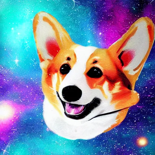 Prompt: surreal digital painting of a corgi floating in space