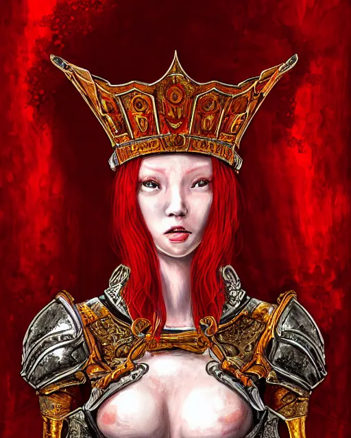 Image similar to redhead queen knight in red armor, inside grand hall in castle with rococo aesthetic, exposed beating heart in chest, crown, face with scars, dark souls 3, intimidating, ominous, evil, high fantasy, intricate detail, digital painting, artstation, concept art, smooth, sharp focus, illustration, art by yoshitaka amano and monia merlo and giger and wlop