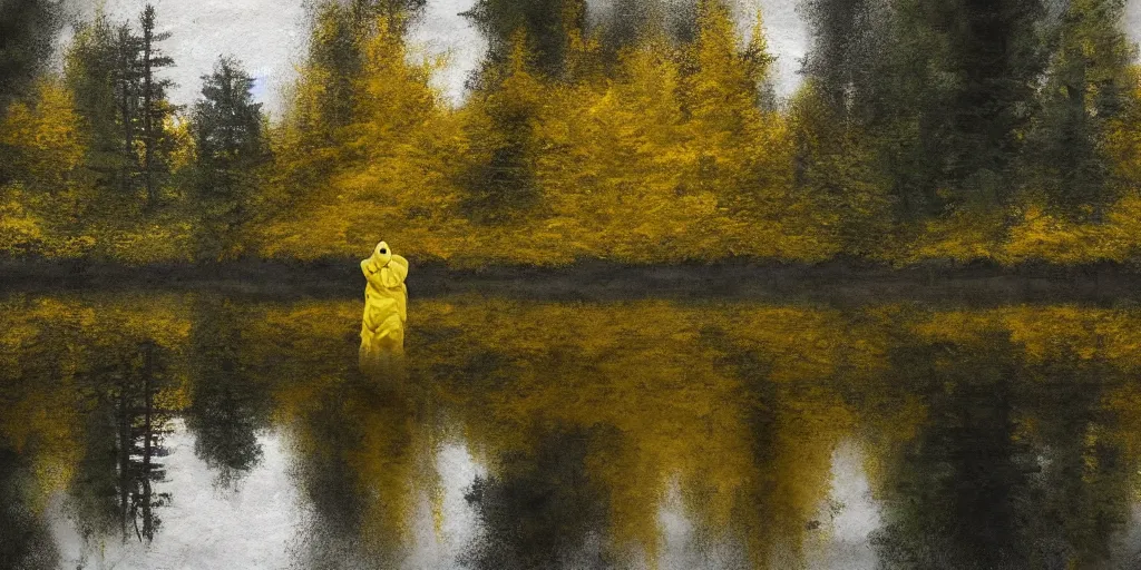 Image similar to a man in a yellow hazmat suit stands in a small lake with reflections in a detailed forest, painting, concept - art, rendering, octane, redshift, cinematic composition, volumetric lighting