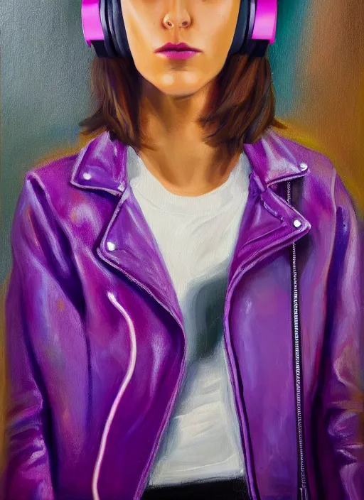 Prompt: young adult woman in a coffee shop wearing bright purple headphones and a leather jacket looking unamused, natural light, oil painting