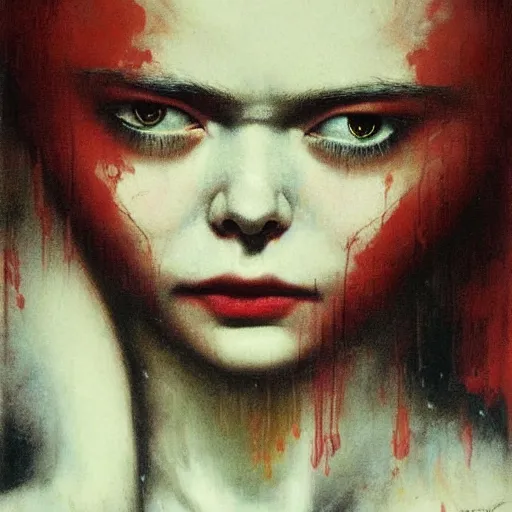 Image similar to realistic detailed image of elle fanning in a soviet prison, by francis bacon, by ayami kojima, amano, karol bak, neo - gothic, gothic, rich deep colors. beksinski painting, from a movie by david cronenberg. art by takato yamamoto. masterpiece. high quality, ultra detailed