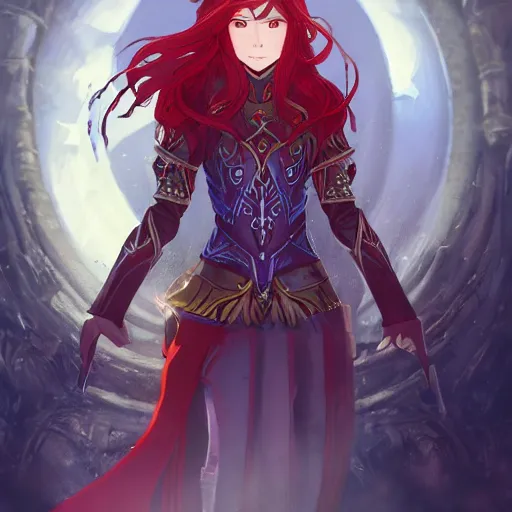 Image similar to a female elven cleric with red long hair, very good beautiful heavy scale armor, wearing a cape, casting a fire spell, dungeon background, magical, bright, colorful, fantastic lighting, amazing details, 4 k uhd, illustration by stephanie brown and makoto shinkai and ilya kuvshinov, artstation, pixiv, concept art,