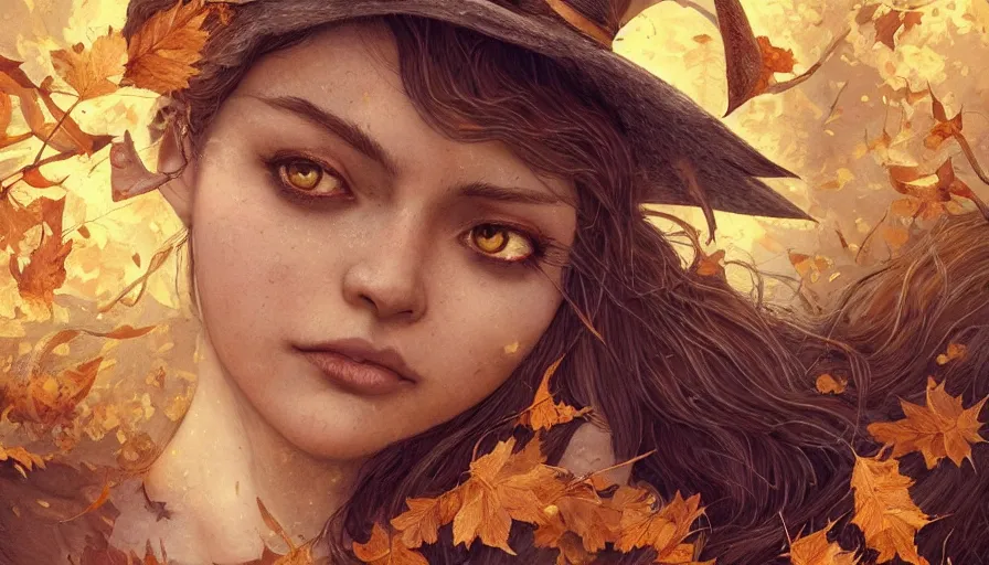 Image similar to golden leaves at frame border, creative!!! composition for a book cover!!!, absurdly beautiful, ultrafine hyperrealistic detailed old witch face by wlop and artgerm and greg rutkowski, intricate linework, sharp focus, smooth, octopath traveler, final fantasy, unreal engine, dramatic lighting, ethereal, 8 k