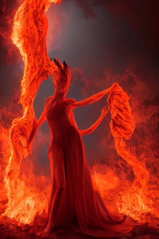 Prompt: dslr photograph of a eldritch volcanic fire goddess clothed in a flaming gown, volcanic embers, magma, diffused lighting, hyperrealism, fantasy character art by laura zalenga and alexander holllow fedosav, 8 k dop dof hdr