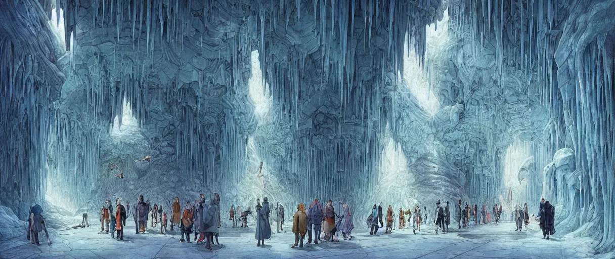 Prompt: A beautiful illustration of a retro futurism city full of people walking the covered walkways in a massive ice cavern on another world by Daniel merriam | sparth:.3 | Time white:.3 | Rodney Matthews:.3 | Graphic Novel, Visual Novel, Colored Pencil, Comic Book:.2 | unreal engine:.3