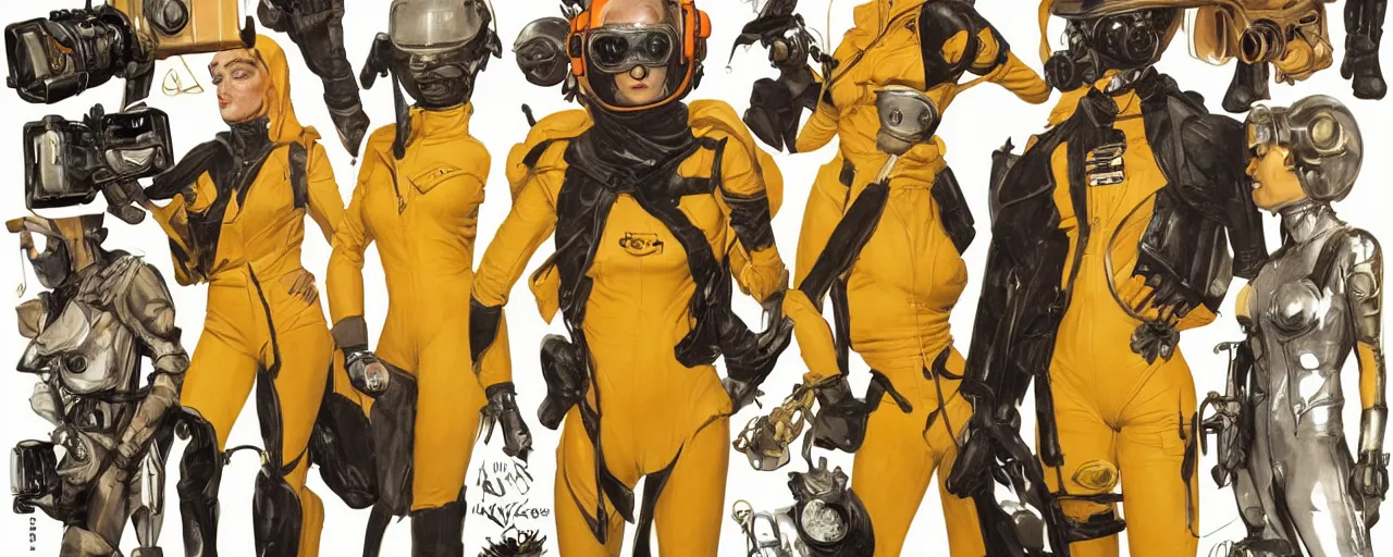 Prompt: character design, fashion reference sheet, gaunt, 70's jetfighter pilot girl, optimistic, dirty yellow and orange flight suit, scuffed exoskeleton in a dark hangar, concept art, photorealistic, hyperdetailed, 3d rendering!, studio lighting , art by Leyendecker! and syd mead,