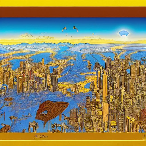 Prompt: the golden city of the gods in the clouds by killian eng and moebius