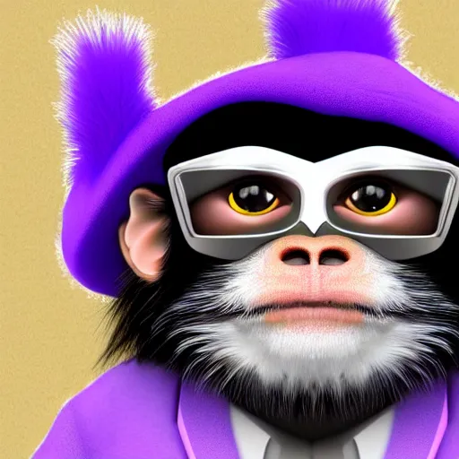 Prompt: digital illustration of a distinguised emperor tamarin monkey wearing a purple suit and a silly hat, deviantArt, artstation, artstation hq, hd, 4k resolution