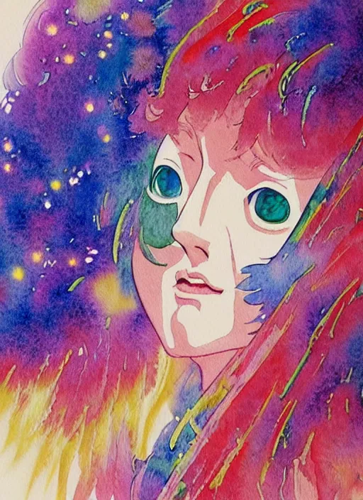 Prompt: vintage 7 0 s anime watercolor by makoto maruyama, a portrait of a lady with colorful face - paint enshrouded in an impressionist watercolor, representation of mystic crystalline fractals in the background by william holman hunt, art by cicley mary barker, thick impressionist watercolor brush strokes, portrait painting by daniel garber, minimalist simple pen and watercolor