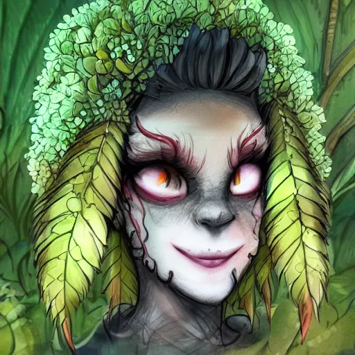Prompt: plant monster, trending on art station, amber eyes and a smug smile