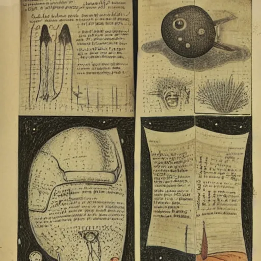 Image similar to an old journal page describing alien life forms with rich illustrations