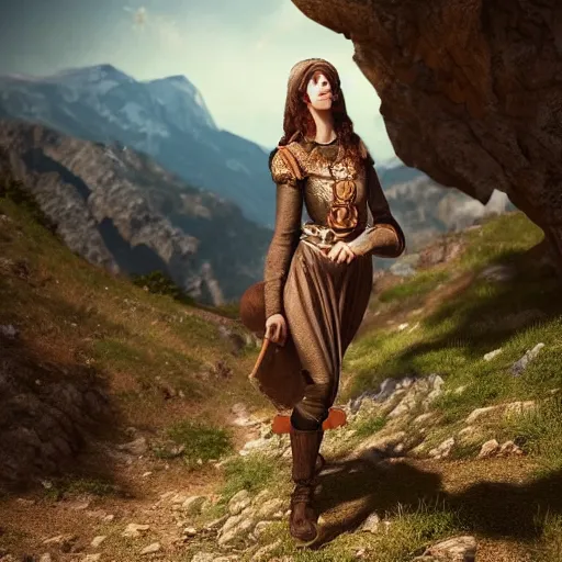 Image similar to renaissance woman using a smarting , centered full body shot, full pov, studio light, italian mountains background, intricate, epic lighting, cinematic composition, hyper realistic, 8k resolution, unreal engine 5