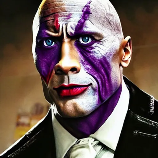 Prompt: photo of Dwayne Johnson as Joker wearing a purple suit, eccentrically posing, highly detailed, realistic face, detailed face