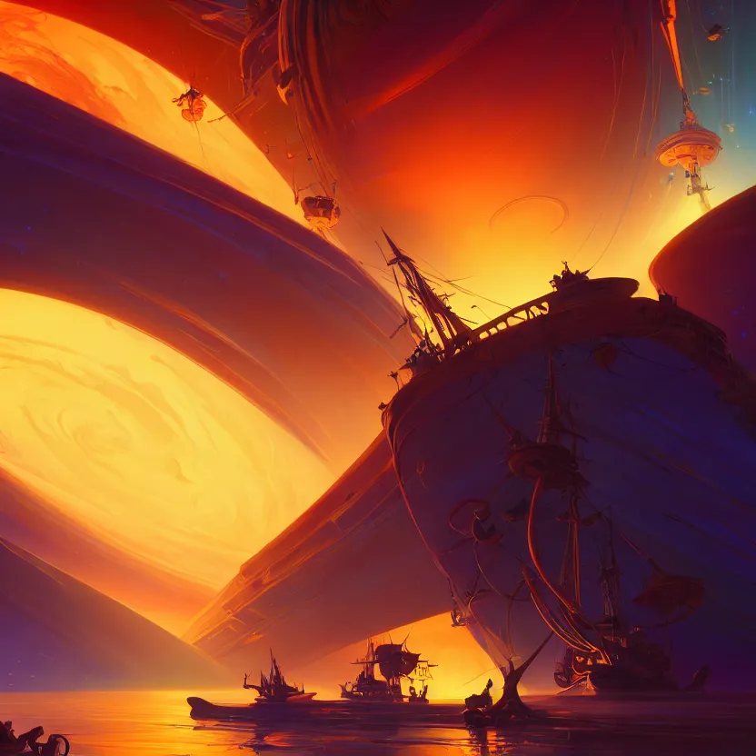 Image similar to treasure planet, beautiful lighting, vivid colors, intricate, elegant, smooth, sharp focus, highly detailed digital painting, concept art, cinematic, unreal engine, 4 k wallpaper, art by syd mead, terada katsuya, atey ghailan, svetlin velinov, tarmo juhola, cgsociety, artstation trending, deviantart featured