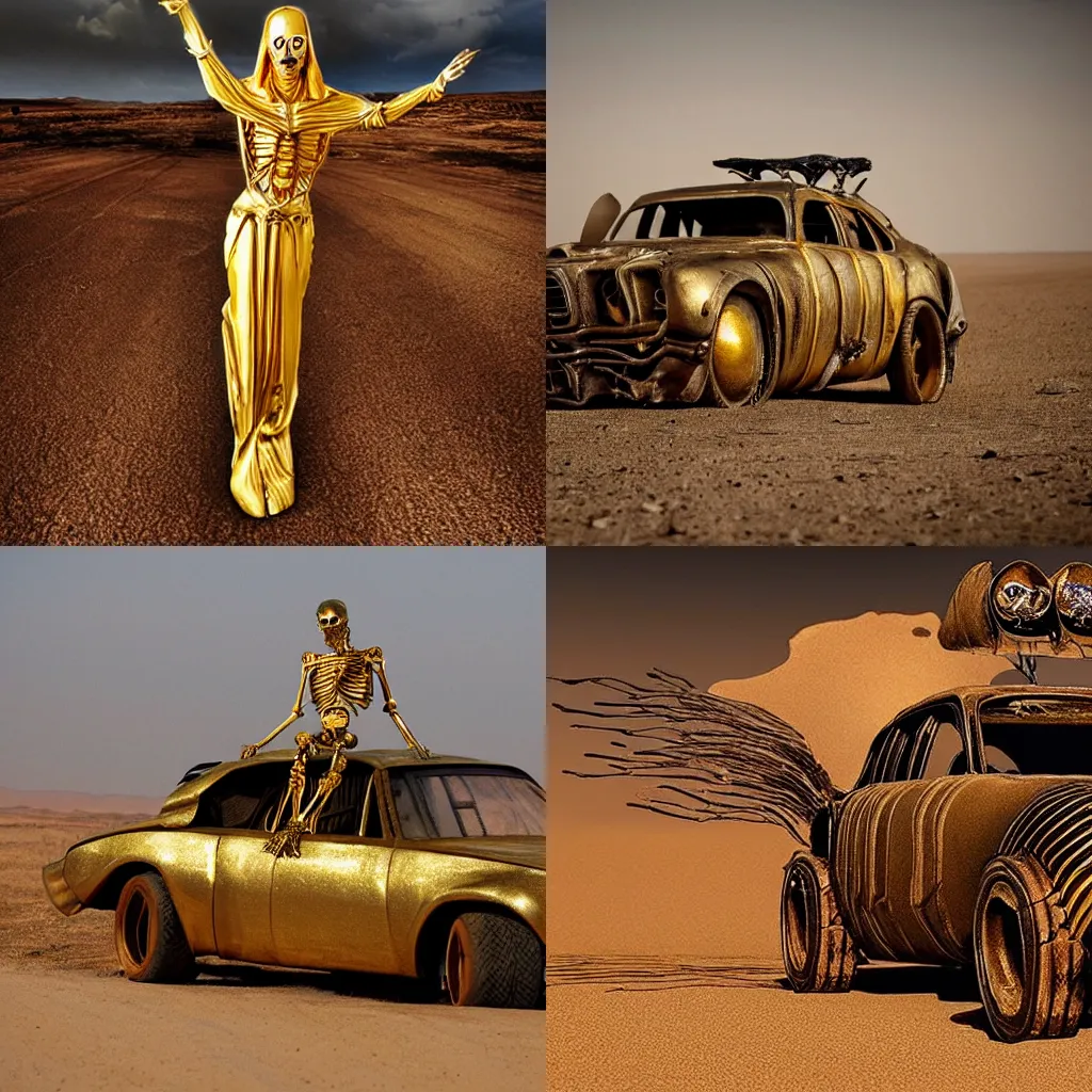 Prompt: golden shiny skeleton virgin Mary. Mad max car. Barren land.