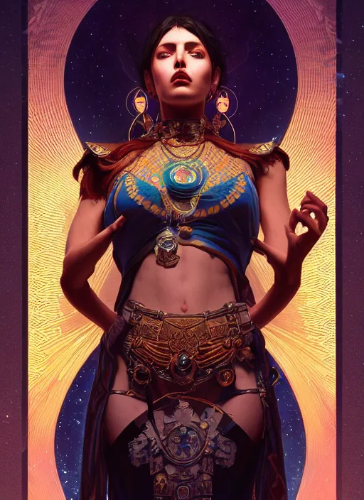 Image similar to Divine cosmic female power, glyphs, magic, artstation, high contrast, dramatic lighting, cgsociety, very detailed, intricate, detailed illustration, by artgerm and greg rutkowski and alphonse mucha, octane render, unreal engine, hyperrealism