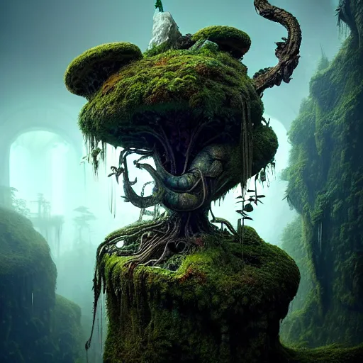 Image similar to ancient fallen god, lush trunda vegetation, snow :: by Michal Karcz, Daniel Merriam, Victo Ngai and Guillermo del toro :: ornate, dynamic, particulate, intricate, elegant, highly detailed, centered, artstation, smooth, sharp focus, octane render, 3d