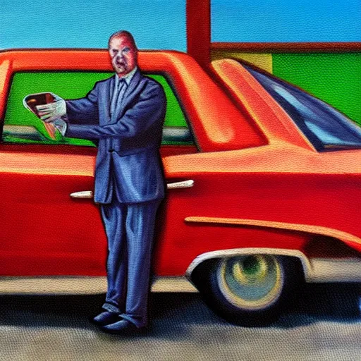 Image similar to used car salesman surreal oil painting, chromatic aberration, horror