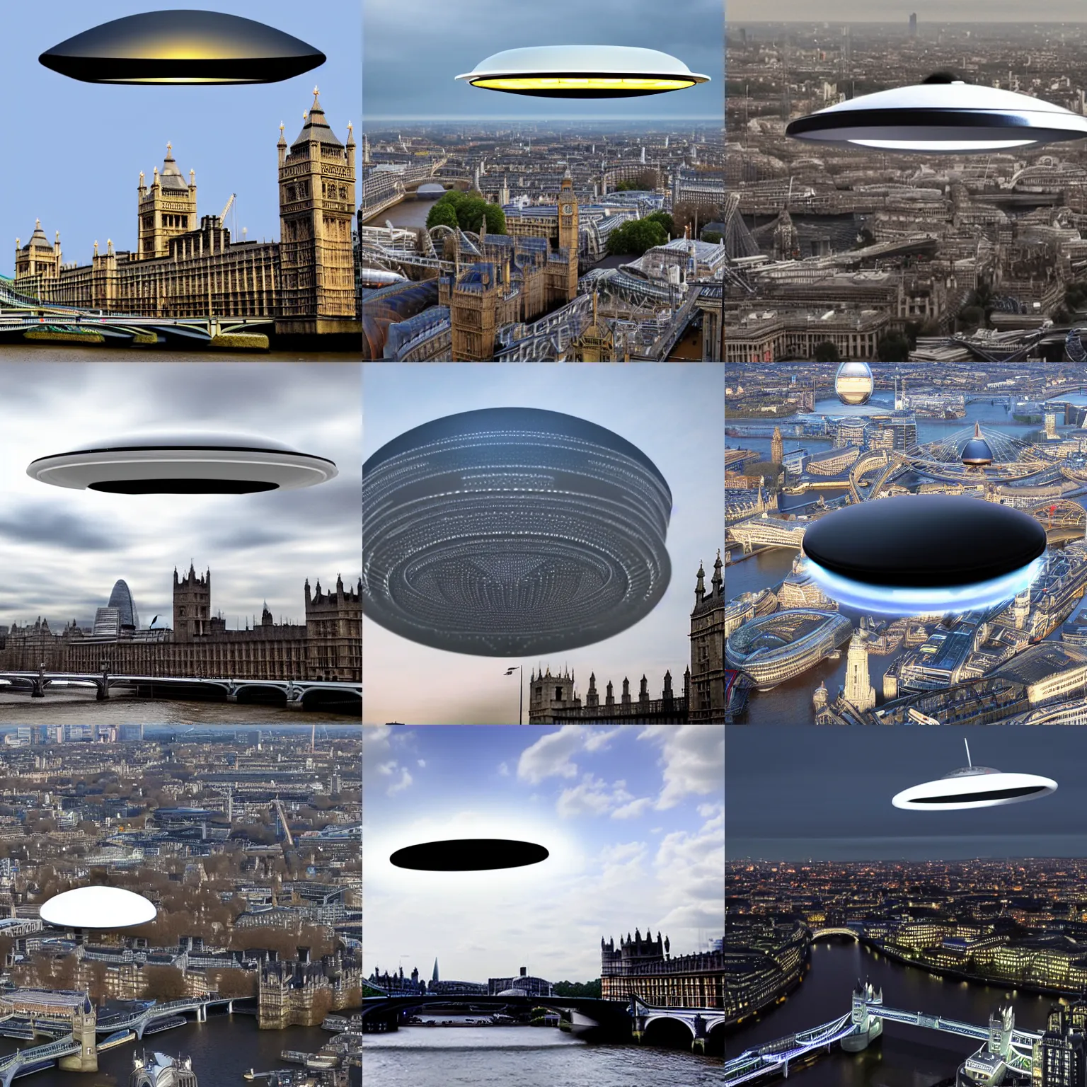 Prompt: a photorealistic ufo, hovering above london