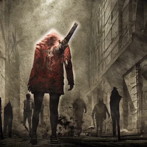 Image similar to pyramid head from silent hill in a street full of zombies, 4k. high detail, high-resolution photograph