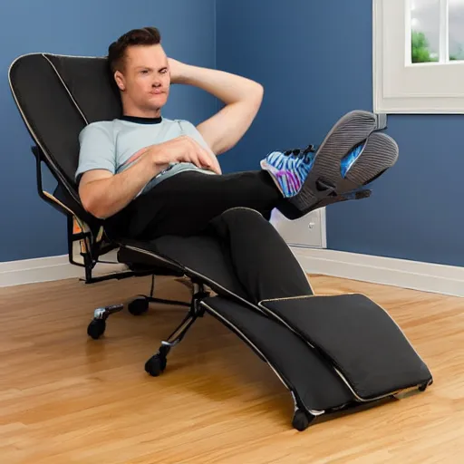 Image similar to person lounging in a computer chair, legs sprawled out left leg on the floor, right leg dangling over the right arm of the chair