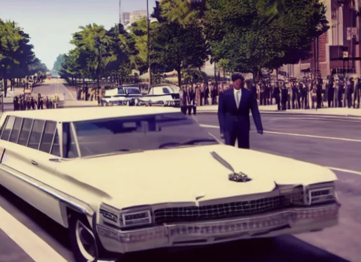 Image similar to ps 4 gameplay, john f kennedy in dallas motorcade, dealy plaza, life is strange, unreal engine