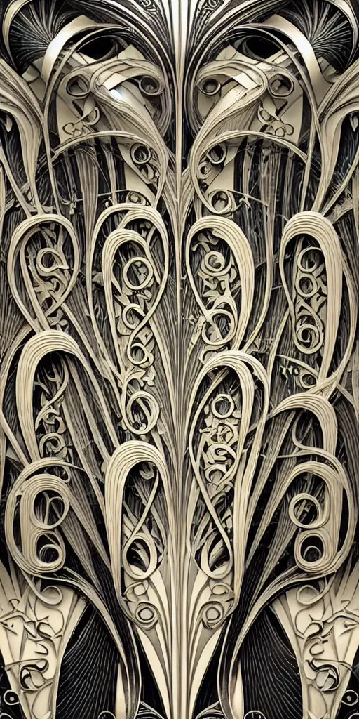 Prompt: the source of future growth dramatic, elaborate emotive Art Nouveau styles to emphasise beauty as a transcendental, seamless pattern, symmetrical, large motifs, hyper realistic, 8k image, 3D, supersharp, Flying shiny silk fabric in curves spirals and swirls, iridescent and black and silver colors , perfect symmetry, iridescent, High Definition, sci-fi, Octane render in Maya and Houdini, light, shadows, reflections, photorealistic, masterpiece, smooth gradients, no blur, sharp focus, photorealistic, insanely detailed and intricate, cinematic lighting, Octane render, epic scene, 8K