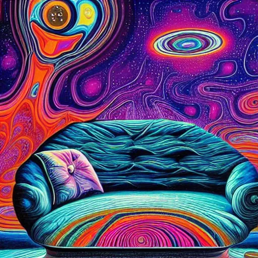 Image similar to psychedelic trippy couch in background in space, planets, milky way, sofa, cartoon by rob gonsalves and salvador dali