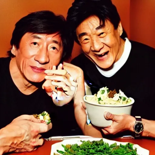 Image similar to Jackie Chan and Shaq cannabis mukbang iron chef 1996 DVD rip