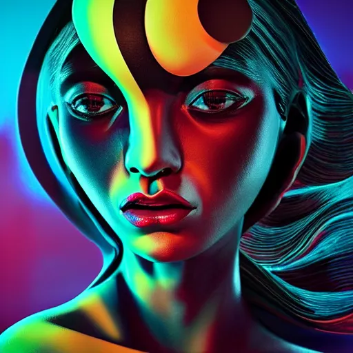 Prompt: abstract art with swirly black liquid acrylic paint and beautiful female face, beautiful color composition, warm colors, black details, 3 d sculpt, zbrush, octane render, dark mood