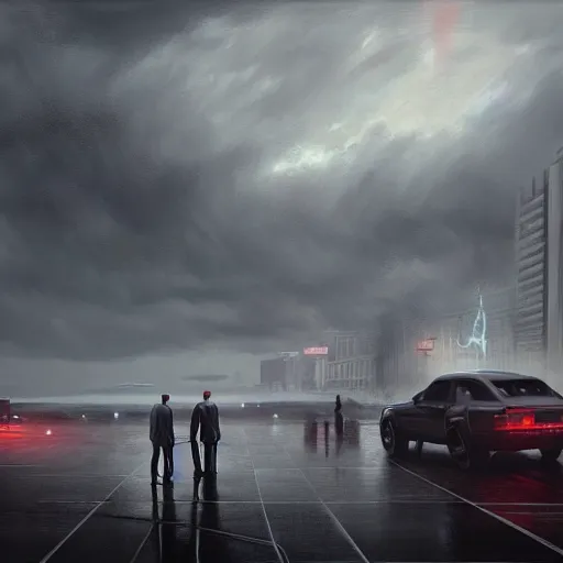 Image similar to steven armstrong on helipad during storm, hyperrealism, no blur, 4 k resolution, ultra detailed, style of dragan bibin, denis villeneuve, tyler edlin, greg rutkowski