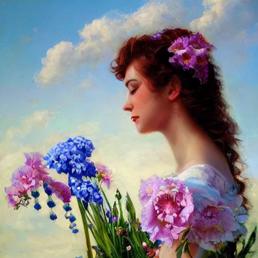 Image similar to a portrait of a romantic woman with flowers grow out of hair, roses peonies forget-me-nots dahlias lupins gladioli, sky theme in background, by Alexandr Averin, Digital Art, Trending on artstation