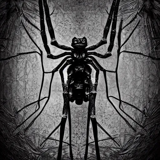 Image similar to 1860 photo of an ancient fractal spider-woman-demon on an abandoned factory on the middle of a forest, spooky , devouring the human soul, veins, arteries, intricate, golden ratio, full frame, microscopic, elegant, highly detailed, ornate, ornament, sculpture, elegant , luxury, beautifully lit, ray trace, 3d, PBR