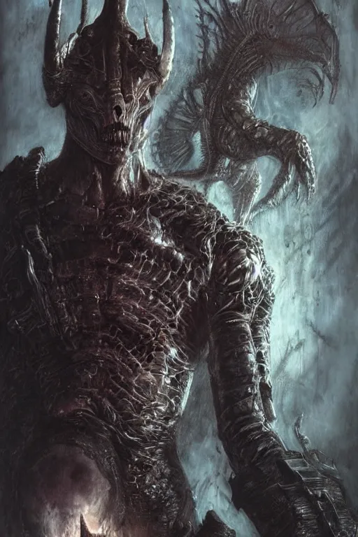 Image similar to portrait of dolph lundgren by hr giger, greg rutkowski, luis royo and wayne barlowe as a diablo, resident evil, dark souls, bloodborne monster