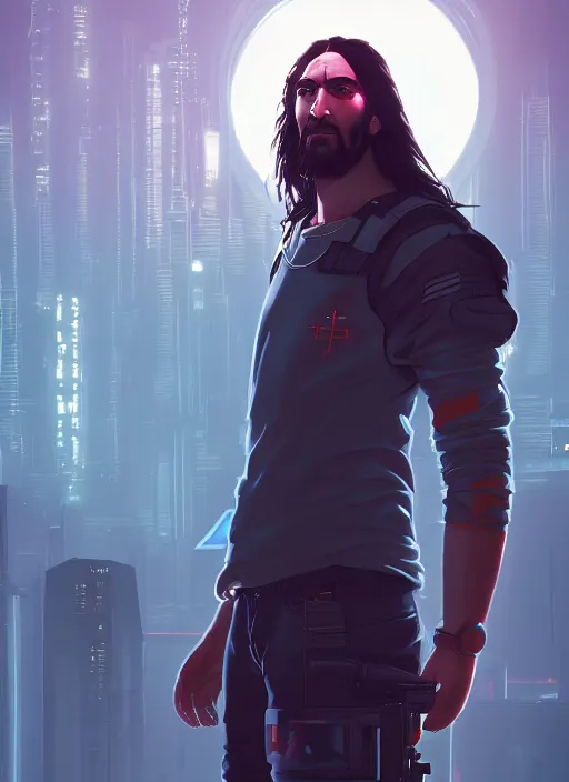 Image similar to « a portrait of a cyberpunk jesus, a character portrait by paul kelpe, reddit contest winner, sots art, ilya kuvshinov, 2 d game art, parallax »