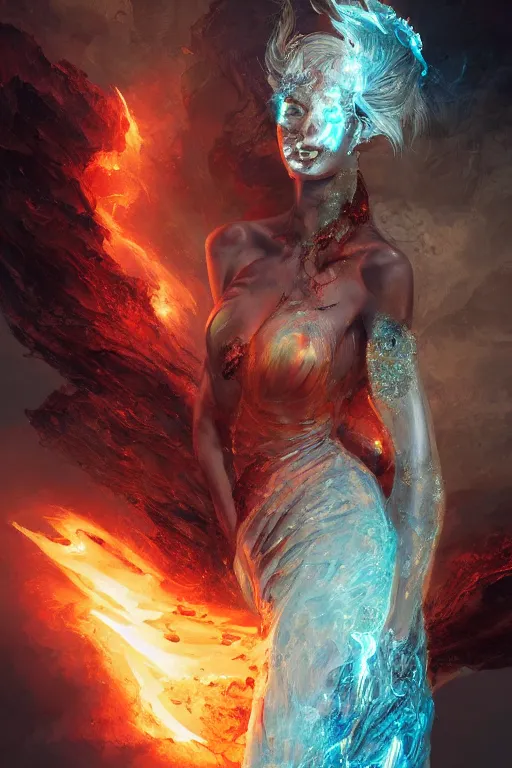 Image similar to torso closeup model wearing exploding ice & fire lava crystal dress, sorcerer, diamonds, angel, fantasy, dramatic lighting, highly detailed, digital painting, holding electricity, magic the gathering, hyper detailed, 3 d render, hyper realistic detailed portrait, peter mohrbacher, wlop, ruan jia