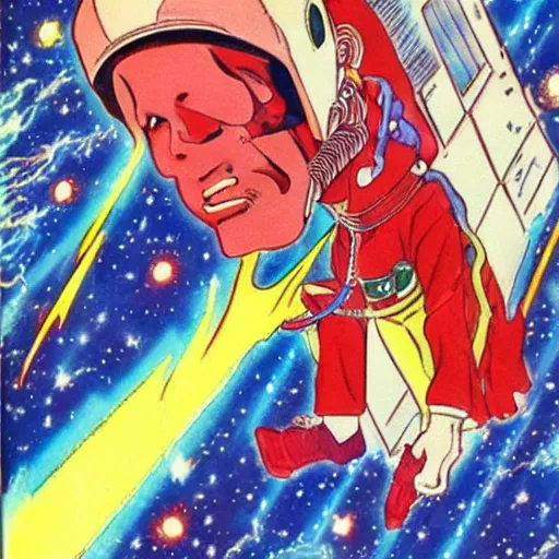 Prompt: a vintage anime 70s comic book watercolor of Obama in space