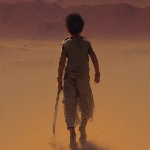 Prompt: a young boy traveling through the desert, painting by Greg Rutkowski, at dawn