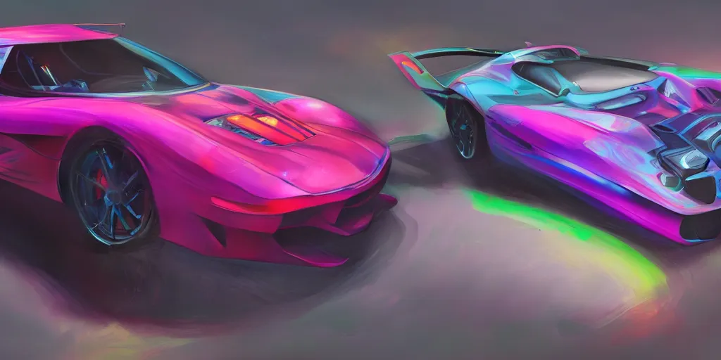 Prompt: full view of a sport car from GTAV, painted in any bright colors holographic pearlescent, elegant, digital painting, concept art, smooth, sharp focus, art style from Wang Ke and Greg Rutkowski and Bruce Kaiser and Scott Robertson and Dmitry Mazurkevich and Doruk Erdem and Jon Sibal, small style cue from Blade Runner