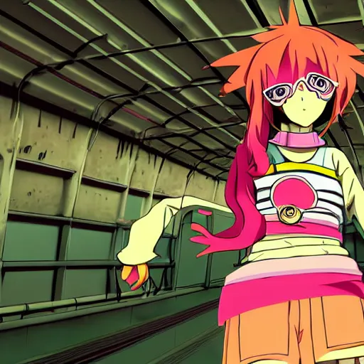 Image similar to anime girl with eccentric clothes, long spiky pink hair, cel - shading, 2 0 0 1 anime, flcl, jet set radio future, golden hour, underground facility, underground tunnel, pipes, rollerbladers, rollerskaters, cel - shaded, jsrf, strong shadows, vivid hues, y 2 k aesthetic