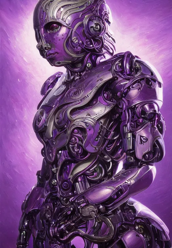 Prompt: perfectly centered portrait, front view of a beautiful biomechanical android in amethyst armor, female, flowing purple hair, intense stare, stoic, symmetrical, concept art, intricate detail, volumetric shadows and lighting, realistic oil painting by tim hildebrandt,