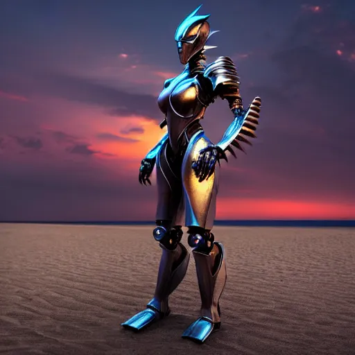 Prompt: cinematic body shot, realistic detailed stunning beautiful armored humanoid anthropomorphic female robot dragon, looking to the side with an elegant pose of hand on hip, smooth and streamlined armor and design made of steel, sharp claws and sharp teeth, high quality head, Slick LEDs, on the beach during sunset, high quality, cinematic art, sci fi, sunset lighting, 3D render, 8k, artstation, deviantart, furaffinity