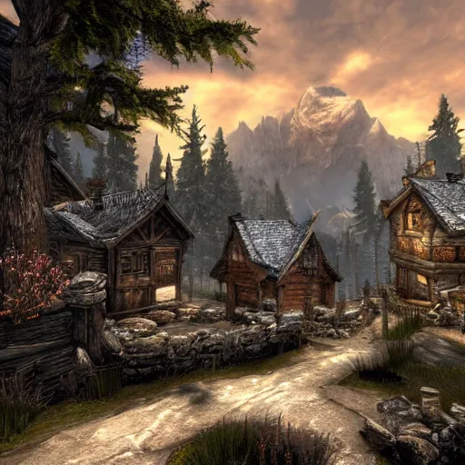 Prompt: skyrim in the style of Thomas Kinkade