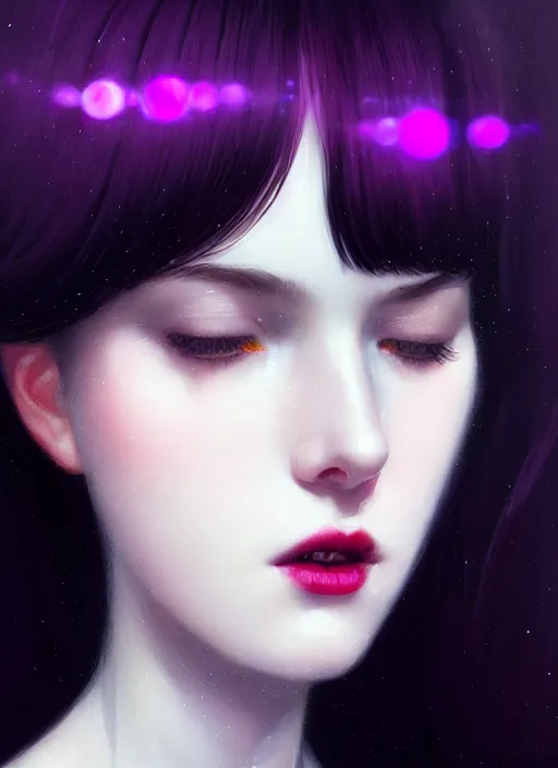 Image similar to portrait of pale teenage girl, red irises, black hair, white bangs, purple lipstick, intricate, elegant, glowing lights, highly detailed, digital painting, artstation, concept art, smooth, sharp focus, illustration, art by wlop, mars ravelo and greg rutkowski