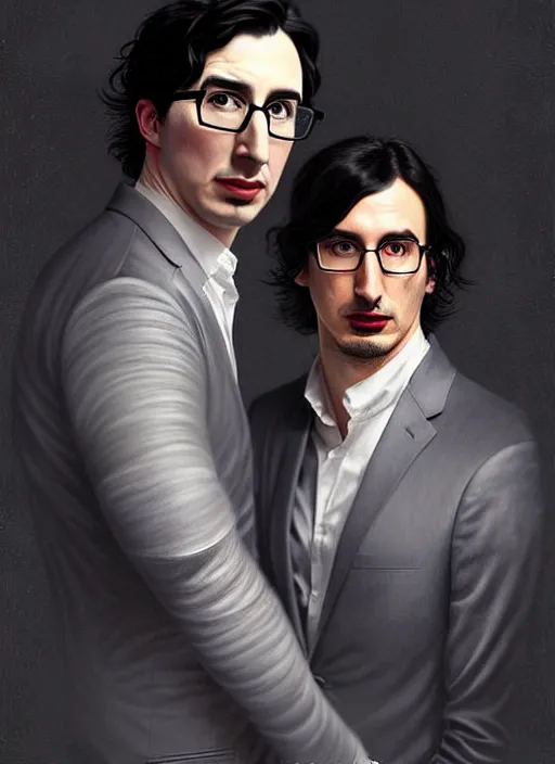 Image similar to painting of both john oliver and adam driver together, john oliver in front, full body, elegant, beautiful, highly detailed, centered, dark, smokey, digital painting, concept art, smooth, sharp focus, illustration, deviant art, art by artgerm, art by greg rutkowski, art by alphonse mucha