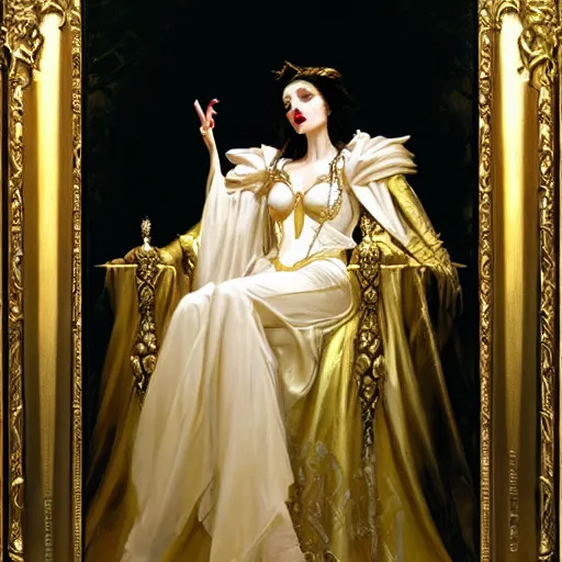 Image similar to perfectly centered portrait of beautiful vampire queen in gold gothic robe sitting on a throne of white bones, painting by gaston bussiere, craig mullins, j. c. leyendecker, 8 k, mid shot