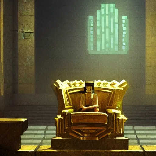 Prompt: painting of creeper from minecraft sitting atop golden throne in dark throne room, low lighting, cinematic, by greg rutkowski, very detailed, high quality, award winning