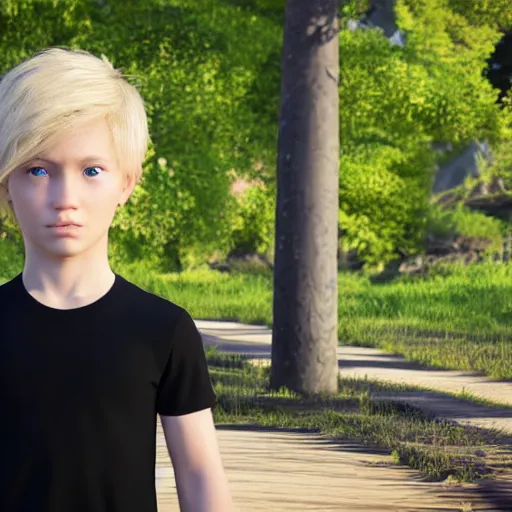 Image similar to a detailed full body image of boy with blonde hair and blue eyes wearing a black tshirt, unreal engine 5 rendered, incredibly highly detailed and realistic, 8 k, sharp focus, studio quality