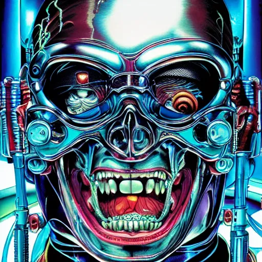 Prompt: portrait closeup of crazy terminator laughing, symmetrical, cinematic colors, by yoichi hatakenaka, masamune shirow, josan gonzales and dan mumford, ayami kojima, takato yamamoto, barclay shaw, karol bak, yukito kishiro